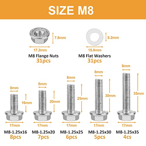 M8-1.25 x 16/20/25/30/35mm Flanged Hex Head Bolts, VIGURE 90PCS M8 Flange Hexagon Screws Serrated Flange Nuts Washers, Stainless Steel 18-8 (304), DIN 6921 M8-1.25