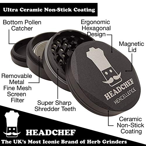 Headchef Hardcore Hexellence Ceramic Non-Stick Coated Metal Herb Grinder, 4 Piece, 62mm (Black)