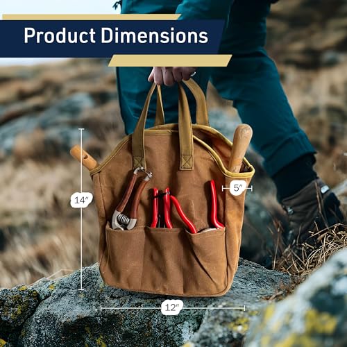 Garden Tool Bag - 12x14” Heavy Duty Waxed Canvas Tote Bag Caddy with 6 Interior and 3 Exterior Pockets for Organizing Gardening Tools - Gardening Gifts for Women and Men by Kings County Tools