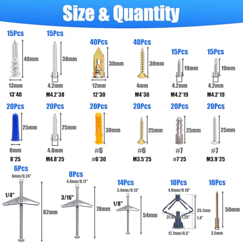 336Pcs Toggle Bolts Heavy Duty Drywall Anchors and Screws Assortment Kit + 100Pcs 3 Sizes 1/8" 3/16" 1/4" Toggle Bolts and Wing Nut Kit with Nuts Washers
