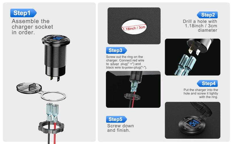 12V USB Car Socket Round USB C 12V Outlet, 3-Port Marine USB Fast Charger Waterproof Cigarette Outlet USB Replacement Aluminum with Switch & Voltmeter, Suitable for Boat Golf Cart RV Motorcycle Truck