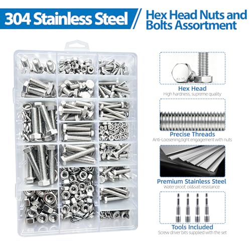 520pcs M4 M5 M6 M8 Hex Bolts and Nuts Assortment Kit, 4 Most Popular Sizes 304 Stainless Steel Assorted Metric Screws, Nuts and Flat & Lock Washers,Length 10-40mm with 4 Screw Driver bits