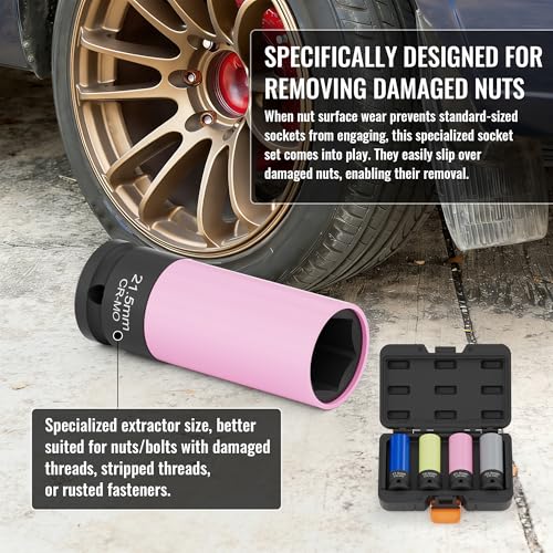 4-PCS 1/2" Drive Thin Wall Impact Sockets 17.5, 19.5, 21.5, 22.5mm