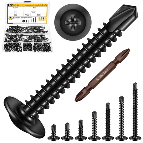Mywish 155Pcs #8 Black Self Tapping Screws & 150Pcs #8 x 2 Self Tapping Screws,410 Stainless Steel Truss Head Sheet Metal Screws, Self Drilling Screws for Metal Plastic & Wood， Self Drilling Screws