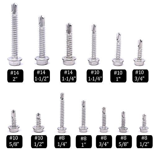 Hilitchi 295 pcs #8 / #10 / #14 Stainless Hex Washer Head Self Drilling Sheet Metal Tek Screws + 270-Pcs #6#8#10#12 Stainless Steel Neoprene EPDM Bonded Sealing Gasket Washers Assortment Kit
