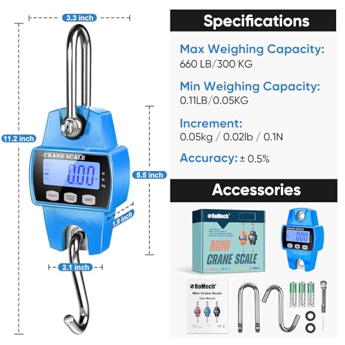 RoMech 660lb Digital Hanging Scale with Cast Aluminum Case, Handheld 300Kg Mini Crane Scale with Hooks for Farm Hunting Fishing Outdoor (Blue) Blue 660lbs