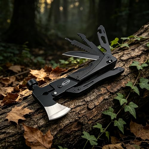 RoverTac 19-in-1 Multi-Tool Axe with Knife, Hammer, Saw, Screwdrivers, Bottle Opener, Nylon Sheath, Camping Tool Survival Gear, Gifts for Men, Dad Gifts, Husband Christmas Stocking Stuffers Black