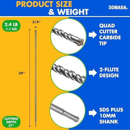 SOMADA 3/4" x 39" SDS Plus Rotary Hammer Drill Bit, Carbide Tip 3/4"x39"