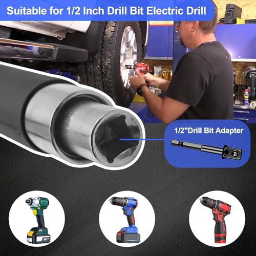 Offset Extension Wrench for Electric Drills and Impact Wrenches, ratchet extension includes 4 Socket Sleeve Adapters and 1/2" 3/8" 1/4" Electric Drill Adapter, Slim for Tight Spaces, Tungsten Steel