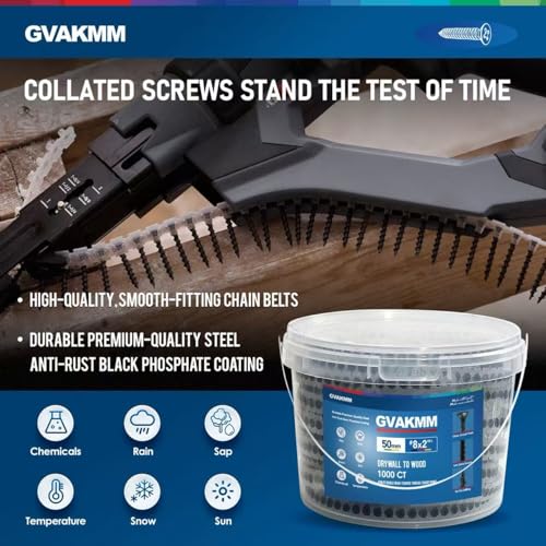 #6×1-1/4 inch Drywall to Wood Collated Screw – 1000 Count,Collated Black Wood,Drywall,Sheetrock Screw 1-1/4 inch