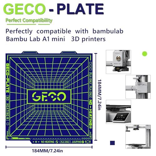 2025 Upgraded Supertack 3D Cool Bed GECO Plate PLA Plate (No Heating) Compatible with Bambu-Lab A1mini Build Plate 3D Printer 184 x 184 mm Magnetic Spring Steel 0°C HeatingBed