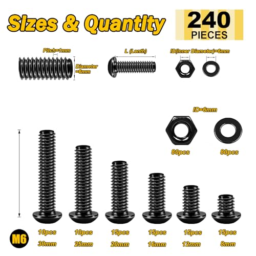 Mywish 640Pcs M6 Screw Black Bolts and Nuts Kit & 240 Pieces M6 Screw Nuts and Bolts Assortment Kit, 10.9 Grade Alloy Steel, Nuts and Bolts Button Head Socket Cap, Flat Washers Hex Wrenches
