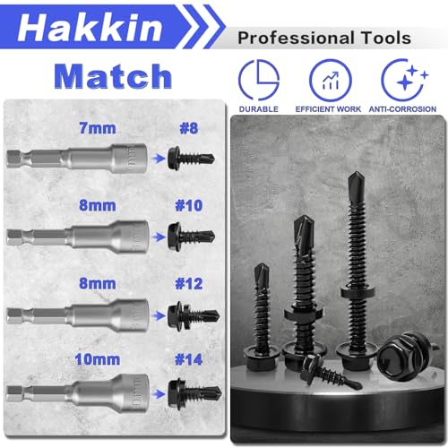 593Pcs Hex Washer Head Self-Drilling Screws, #8#10#12#14 Self Tapping Screws Assortment Kit, Black Oxide 410 Stainless Steel Sheet Metal Tek Screws for Wood, Length 1/2" to 2", Hex Socket Included F #8#10#12#14 Hex Washer Head Black (500pcs)