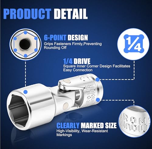19-Piece 1/4" Drive Universal Joint Socket Set, Swivel Socket Set & Wobble Sockets with Metric (5-15mm) and SAE (3/16"-9/16"), 6-Point CR-V Flex Sockets for Tight Spaces