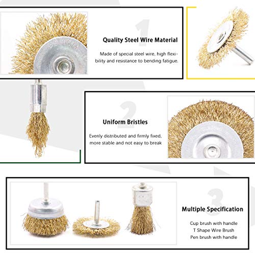 Keadic 19 Pieces Brass Wire Brushes Cup Wheels Brush & Wool Polishing Buffing Wheel Pad Set with 1/4 Inch Shank, Polishing Attachment Die Grinder Rotary Tools Accessories for Cleaning Rust Corrosion