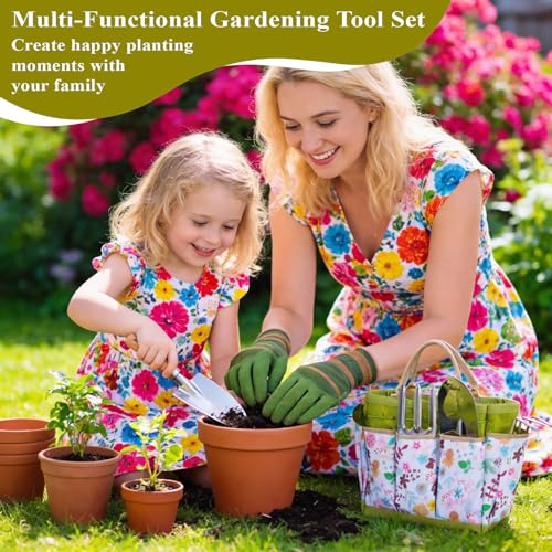 15-Piece Garden Tool Set for Women, Heavy Duty Gardening Kit with Floral Garden Bag, Steel Garden Hand Tools, Plant Labels, Gloves, Gardening Gift Basket for Men Gardeners Plant Lovers, Green