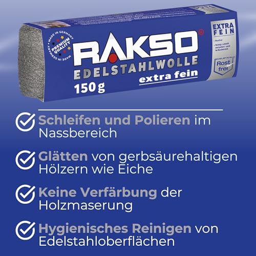 RAKSO Stainless Steel Wool Extra Fine 150 g, 1 banderole, Rustproof, Smooths Tannic Acid Wood without Blue Discoloration of the Grain EXTRAFEIN 1 pack of 150 g