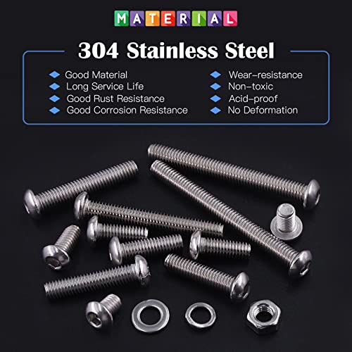 Glarks 260Pcs 13 Size M6 304 Stainless Steel Button Head Screws Hex Socket Cap Screws Bolts and Nuts Washers Assortment Kit with Hex Wrench for Machinery Furniture Car Repair M6 screw assortment kit
