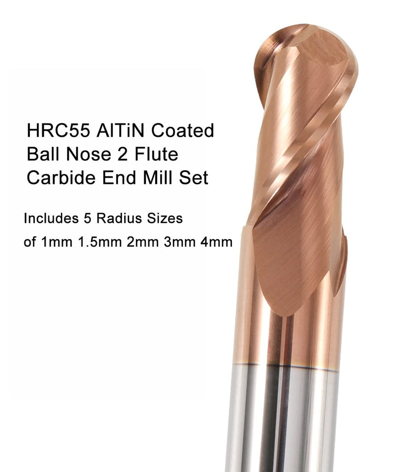 ASNOMY 5-piece solid carbide radius cutter ball nose cutter 2 teeth - AlTiN coating HRC 55, carbide ball nose cutter, CNC engraving cutter for metal, contains 5 radius sizes of 1 mm 1.5 mm 2 mm 3 mm 4 mm 5 pieces radius sizes of 1/1.5/2/ 3/4mm
