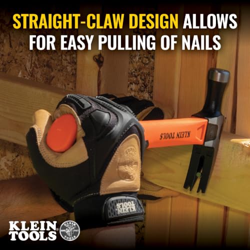 Klein Tools H80718 Straight-Claw Hammer with Smooth Head, 18-Ounce, Fiberglass Non-Slip Shock Absorbing Grip Handle with Tether Hole, 15-Inch 18 oz Fiberglass Handle