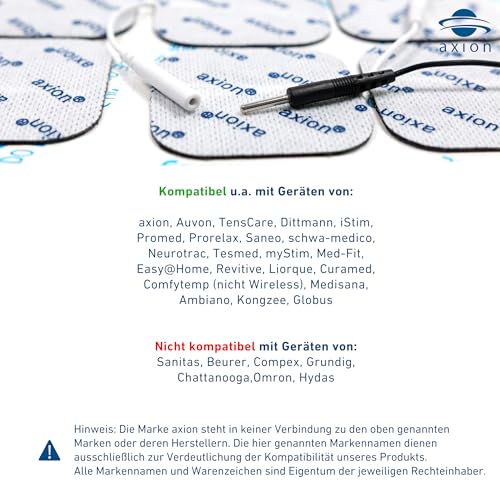 16 Electrodes with 2mm jack - Square self adhesive Pads - 5x5cm - Fits all TENS EMS units with 2mm connection - axion brand quality | 2 mm plug-in connection. Reusable self-adhesive electrodes for TENS device and EMS trainer, super adhesion + conductiv...