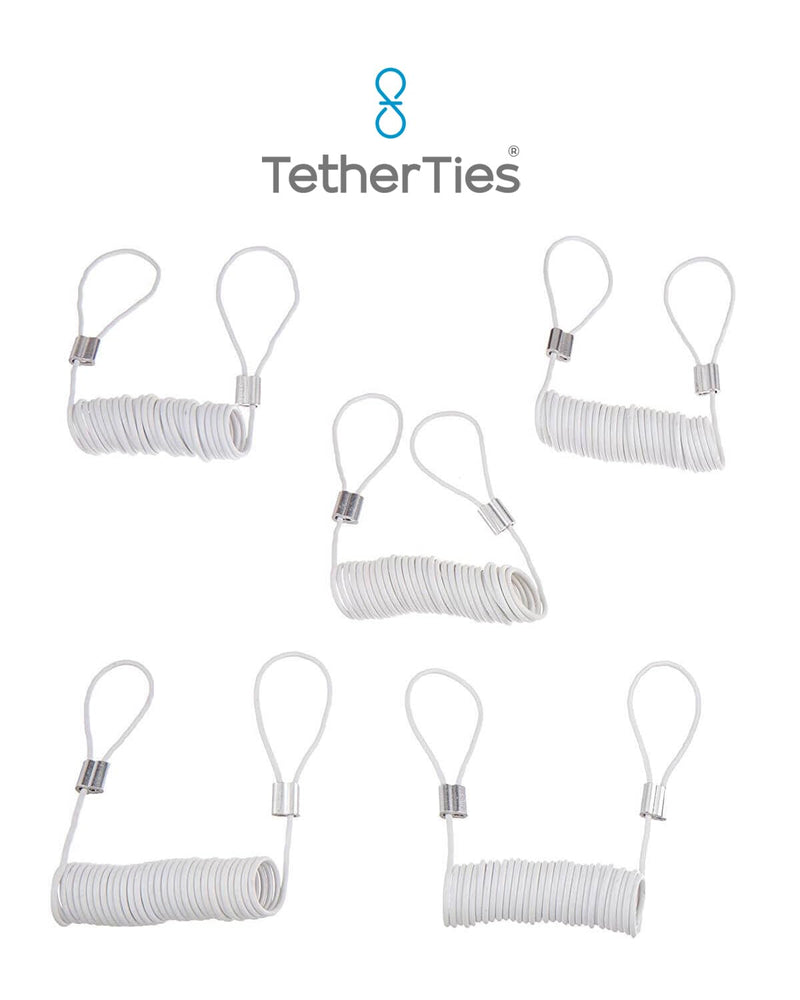 Coils 5 Pack - Extendable, Expandable, Retractable Cable Tethers, Anti Theft Cable Locks, Security Cable with Nylon Coated Stainless Steel Wire, Free Crimping Tool, Secure Devices White