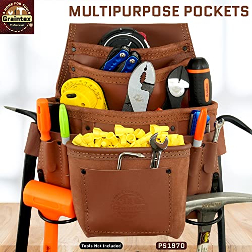 Graintex PS1970 :: 10 Pocket Nail & Tool Pouch Tan Color Industrial Grade Leather; for Constructors, Handyman, Plumbers, Electrician