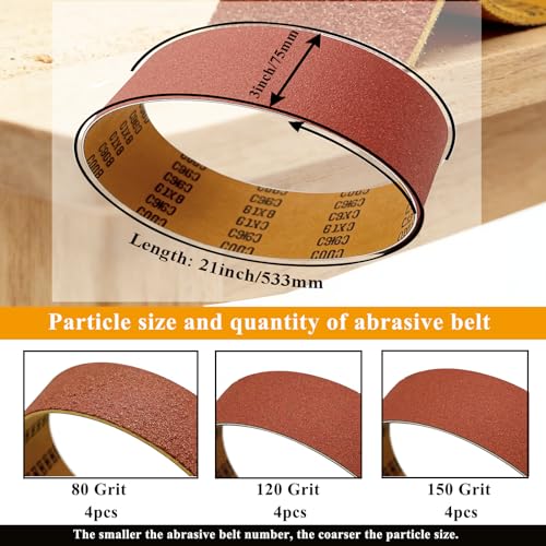 12 Pack 3x21 Inch Sanding Belts, 80/120/150 Grit Mixed,Aluminum Oxide Abrasive Belts for Belt Sander,4 Belts Each Grit, Belt Sander Paper for Woodworking, Metal Polishing