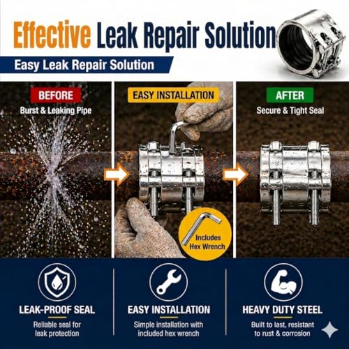 Pipe Repair Clamp,2.5 inch (60mm-65mm)）Stainless Steel Leak Sealer, Heavy Duty Pipe Leak Repair Kit for Metal & PVC Pipes, for Burst & Crack Water Pipe Emergency Maintenance 60mm-65mm/2.5 inch