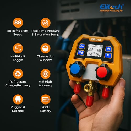 Elitech Digital Refrigerant Manifold Gauge for HVAC, R410A R454B, DMG-2SE 2SE (88 Refrigerants, 1/4" SAE Port)