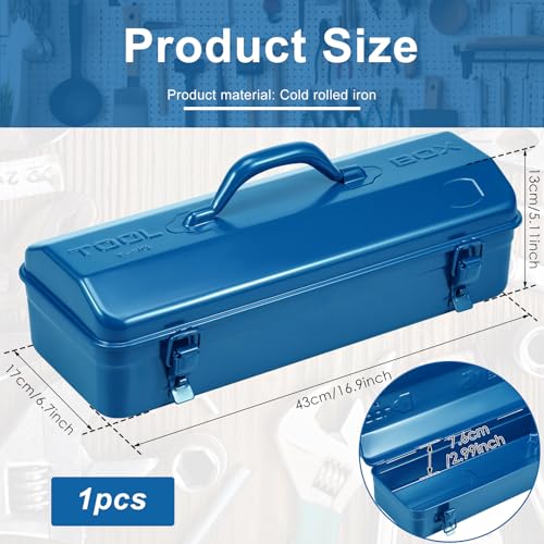 Tool Box, 16.9" Portable Metal Tool Organizer Box with Double Latch Closure and Handle, Heavy Duty Hip Roof Style Tool Chest for Household Workshop Car (Blue) Blue