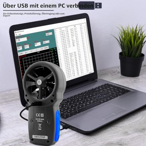 Anemometer Digital Air Flow Meter m³/h, AIOMEST Wind Meter AI-866A for Wind Speed, Volume Flow, Temperature, Humidity, with USB PC Sync for Air Conditioning RLT System, Ventilation System