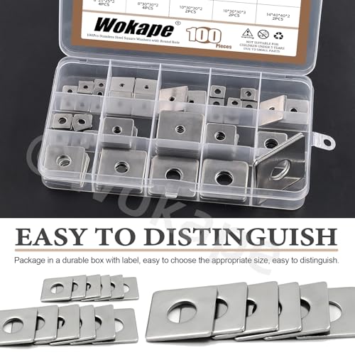 100Pcs Square Washer Kit M3 M4 M5 M6 M8 M10 M14(1/8" 1-1/2" 3/16" 1/4" 5/16" 3/8" 5-1/2") 304 Stainless Steel Rectangular Plate Washers, Square Flat Washers with Round Hole for Bolts/Nuts