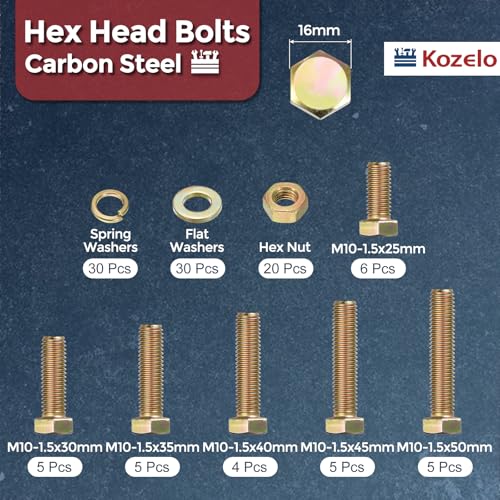 110 Pcs Bolts and Nuts Washers Kit-M10 Carbon Steel Hex Tap Bolt M10x25,30,35,40,45,50mm Yellow 110