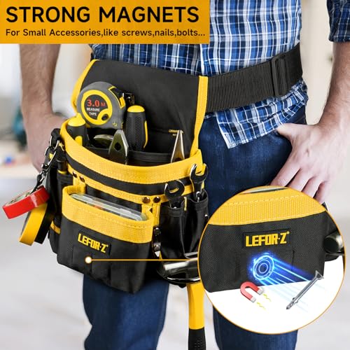 2 in 1 Magnetic Tool Belt Pouch Bag with Drill Holster,14-Pockets Heavy Duty Tool Belts for Men,Work Belts with Impact Holster for Electrician,Carpenter,Construction,Utility Belt,Yellow