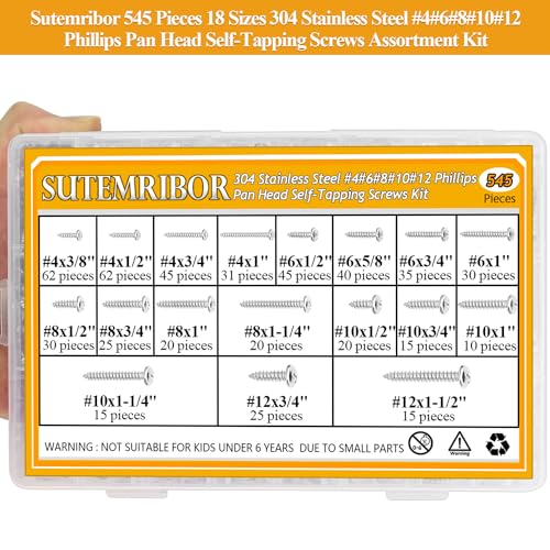 545 Pieces #4#6#8#10#12 Wood Screws Set, Phillips Pan Head #4#6#8#10#12 Self-Tapping Screws Assortment Kit, 304 Stainless Steel Wood Screws Kit (#4#6#8#10#12)