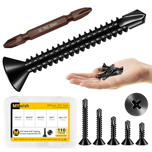 Mywish (150Pcs) #10 x 1-1/2" Self Tapping Screws & 110Pcs 1/2" to 1-1/4" #8 Sheet Metal Self Tapping Screws Assorted Kit, 410 Stainless Steel, Tek Self Drilling Mouting Screw for Metal Plastic Fast Ta