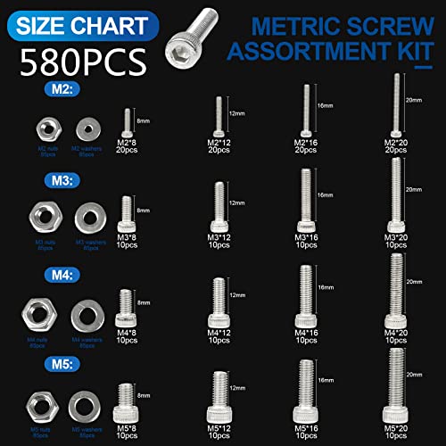 NINDEJIN M2 M3 M4 M5 Hex Socket Cap Screw Machine Screws Assortment Kit, Metric Screws with Nut and Washer & Wrench (580pcs+880pcs, 304 Stainless Steel)
