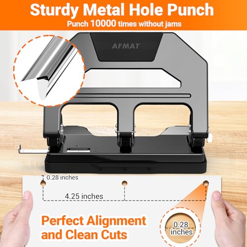 AFMAT Heavy Duty 3 Hole Puncher, 40-Sheet Paper Punch Heavy Duty, 50% Reduced Effort Three Hole Punch, 10K+ Uses, Metal Hole Puncher 3 Ring w/Large Tray, Bulit-in S.S. Paper Guide HPX2(Black) Black 40-Sheet Capacity