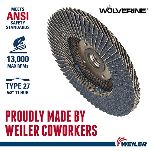 Weiler 31409 Wolverine 4-1/2" x 5/8"-11 UNC NUT Abrasive Flap Disc, 60 Grit Zirconia Alumina, Flat Type 27, Phenolic Backing, Standard Density (Pack of 10) Value Steel / Metal