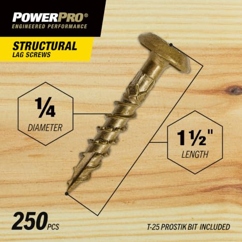Power Pro Structural Lag Screws, 1/4in x 1-1/2in, 250 Pieces, Bronze 1/4 inch x 1-1/2 inch 250pc