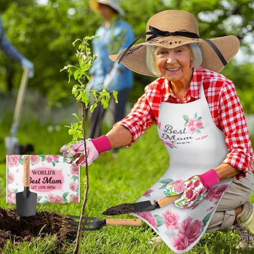 Mom Garden Tools Pink Hand Rake Transplanter Apron Trowel Straw Hat Planting Gloves Gardening Set with Box Outdoor Horticulture Starter for Best Mother in Law Plant Lover