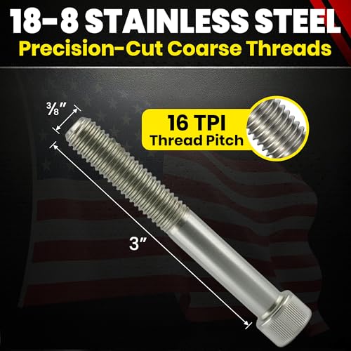 Chenango Supply Stainless 3/8-16 x 3 Socket Head Cap Screws – 18-8 Grade, Full Thread, Hex Drive 5/16, Coarse Thread, High-Torque Socket Head Cap Screws, 25 Pieces (3/8-16 x 3)