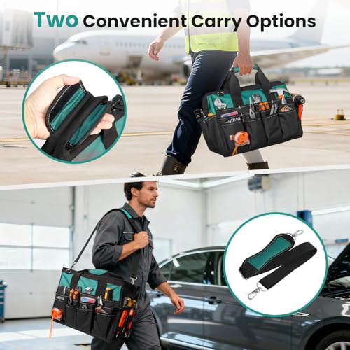 FamilyKit 17-Inch Heavy Duty Tool Bag for Men with 28 Multipurpose Pockets Black-Green Tool Bag