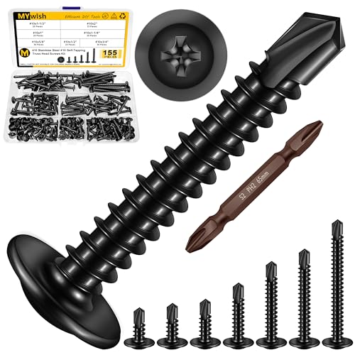 Mywish 430PCS Self Tapping Screws Assortment Kit & 155Pcs Black Self Tapping Screws for Metal, Truss Head 410 Stainless Steel Self Drilling Screws, Sheet Metal Screws Assortment Kit