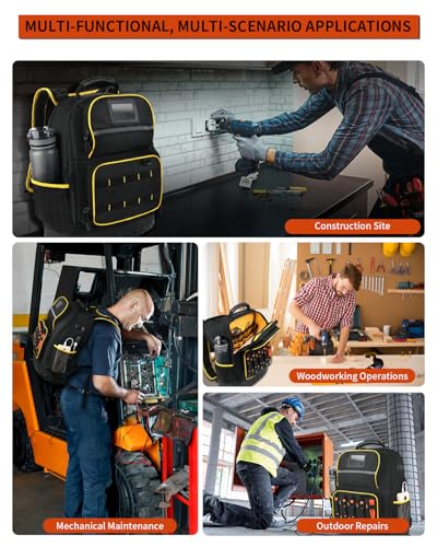 Heavy Duty Tool Backpack with Laptop Compartment, Hard Bottom & Tool Pouch Durable Electrician Tool Bag Organizer with Multiple Pockets, USB Port, Water Bottle Holders, HVAC Work Backpack for Men