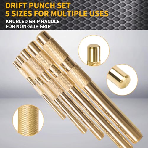 5-Piece Premium Brass Punch Set - Heavy-Duty Non-Marring Repair Tool Kit (1/4", 3/8", 1/2", 5/8", and 3/4") Replacement for 67003-MAI 045256670034 | Automotive, Industrial & DIY Use