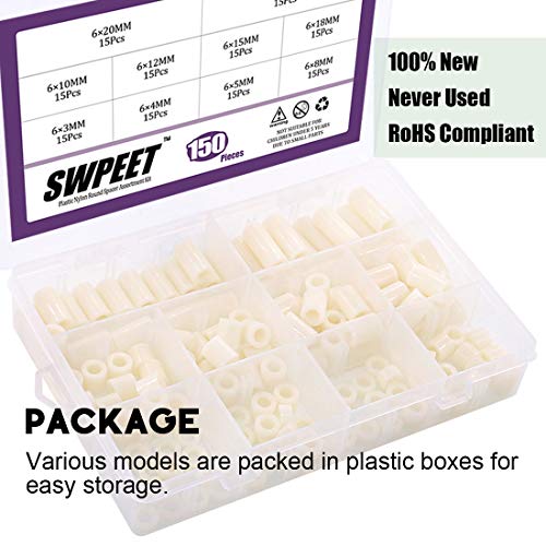 Swpeet 2350Pcs Nylon Round Spacer Standoff Screw Nut for M6 Screws Prototyping and 18 Sizes Oil Drain Plug Gasket Aluminum Flat Washer Assortment Kit
