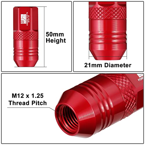 J2 Engineering J2-LN-T7-040-125-RD M12 x 1.25 T6-7075 Aluminum 50mm Open End Lug Nuts w/Deep Drive Extension Adapter,Red,21mm x 50mm
