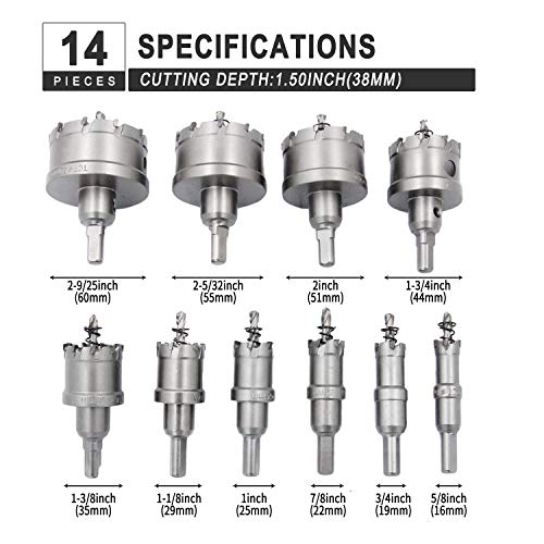 TCT Hole Saw Kit, Carbide Stainless Steel Hole Saw, Electric Metal Drill Saw, Tungsten Alloy Hole Cutter, 14pcs